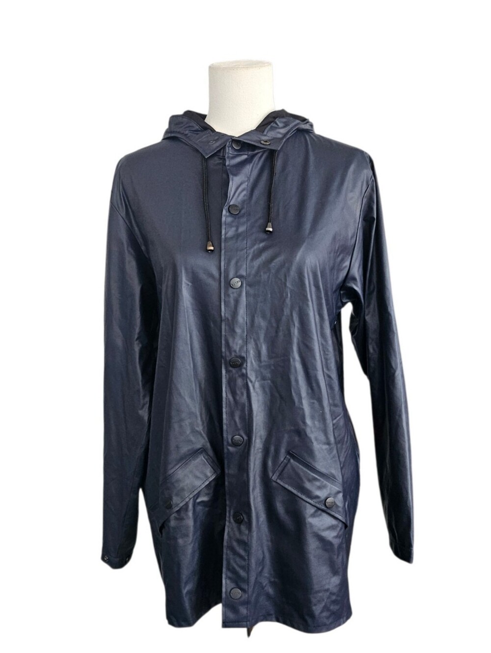 Rains Navy Blue Long Hooded Rain Jacket Unisex Size XS S